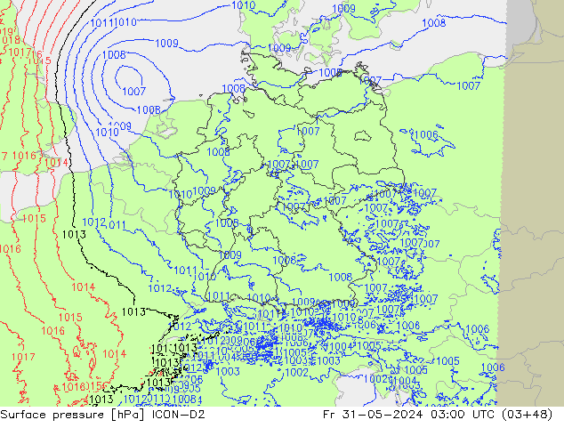 Atmosférický tlak ICON-D2 Pá 31.05.2024 03 UTC