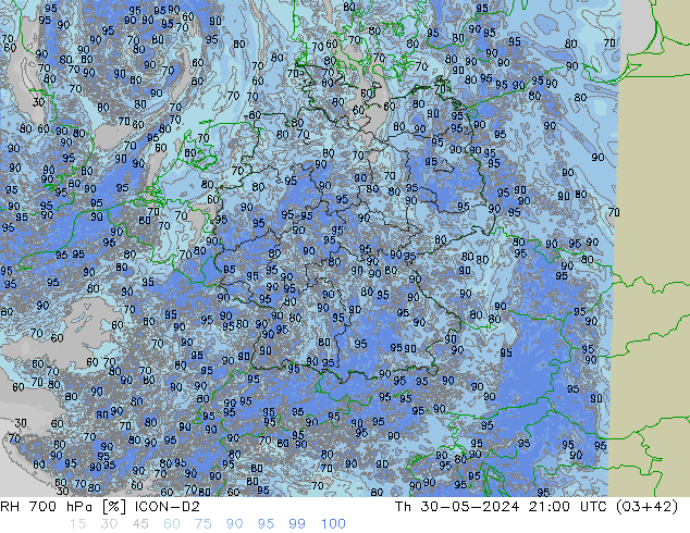RH 700 hPa ICON-D2 Th 30.05.2024 21 UTC