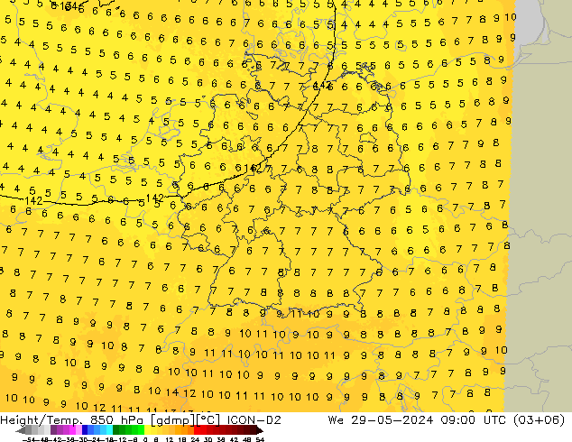 Height/Temp. 850 hPa ICON-D2 śro. 29.05.2024 09 UTC