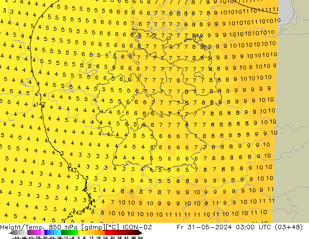 Height/Temp. 850 hPa ICON-D2 Fr 31.05.2024 03 UTC