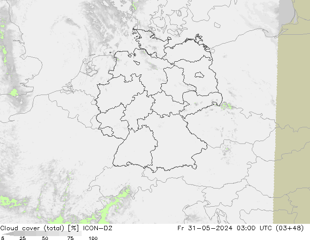 nuvens (total) ICON-D2 Sex 31.05.2024 03 UTC