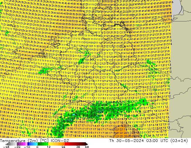 mapa temperatury (2m) ICON-D2 czw. 30.05.2024 03 UTC