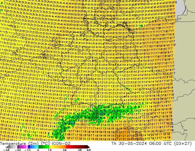 Temperature (2m) ICON-D2 Th 30.05.2024 06 UTC