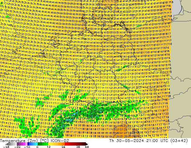 Temperaturkarte (2m) ICON-D2 Do 30.05.2024 21 UTC