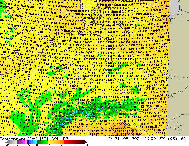 Temperatuurkaart (2m) ICON-D2 vr 31.05.2024 00 UTC