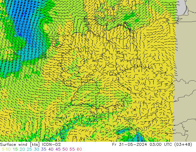Surface wind ICON-D2 Fr 31.05.2024 03 UTC
