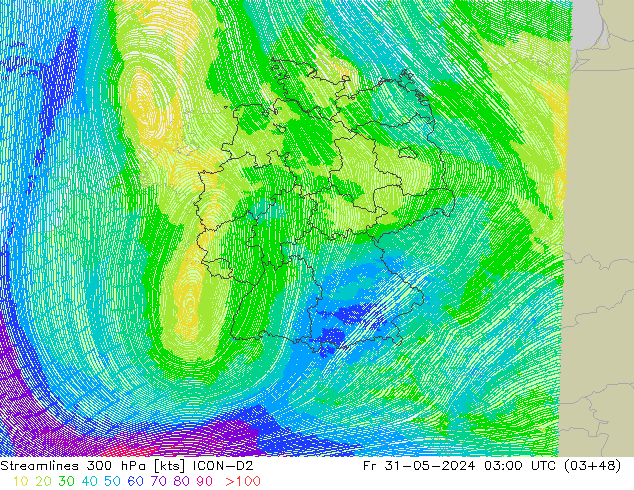 Streamlines 300 hPa ICON-D2 Fr 31.05.2024 03 UTC