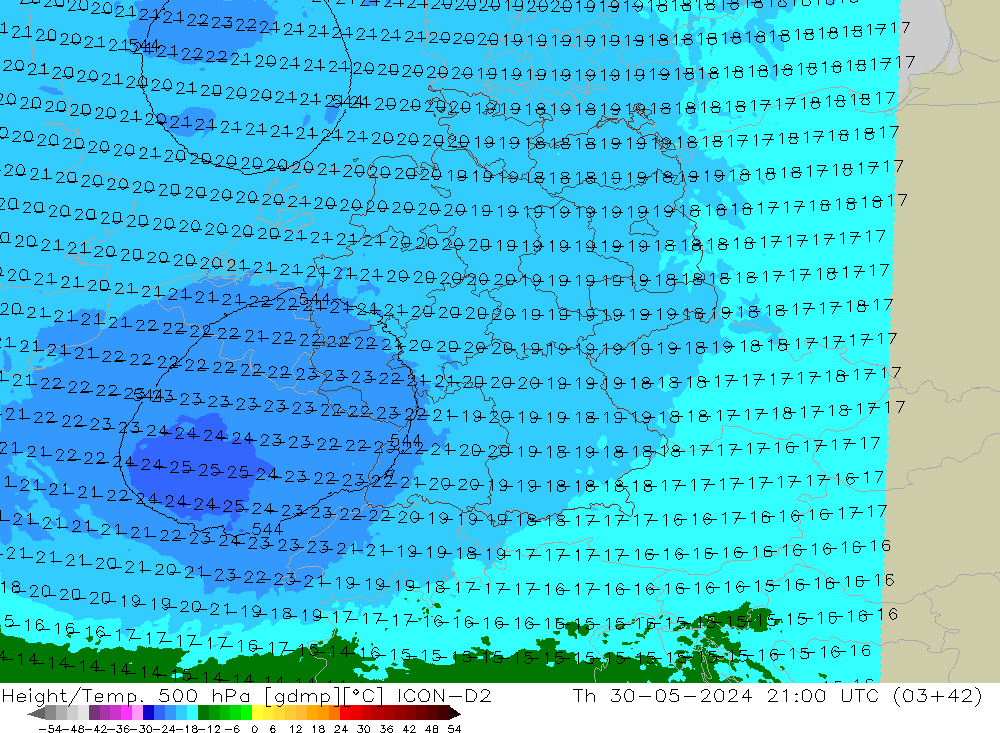 Yükseklik/Sıc. 500 hPa ICON-D2 Per 30.05.2024 21 UTC