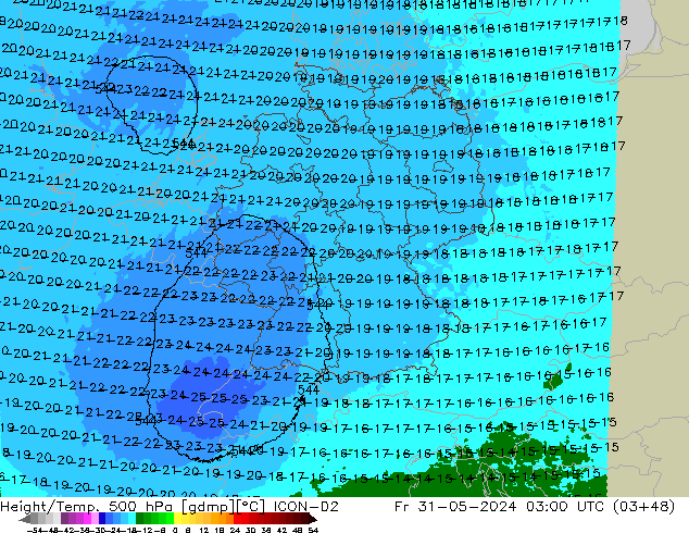 Height/Temp. 500 hPa ICON-D2 pt. 31.05.2024 03 UTC