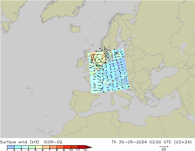 Bodenwind (bft) ICON-D2 Do 30.05.2024 03 UTC