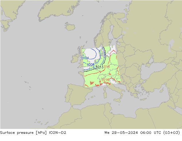 Atmosférický tlak ICON-D2 St 29.05.2024 06 UTC