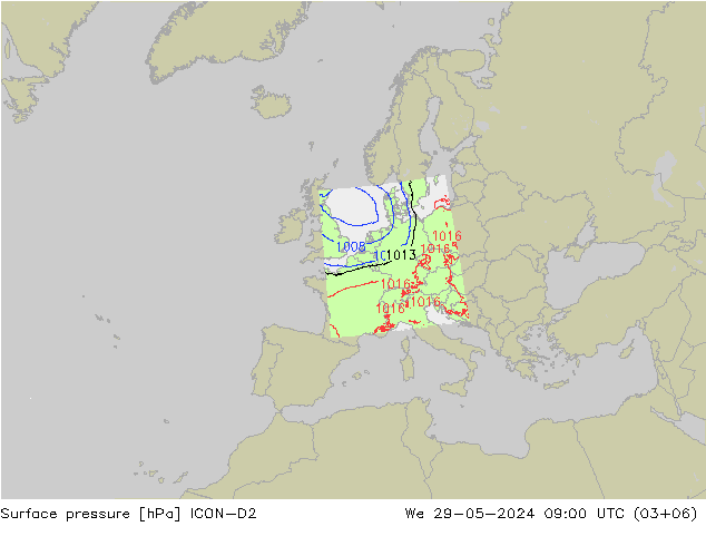 Atmosférický tlak ICON-D2 St 29.05.2024 09 UTC