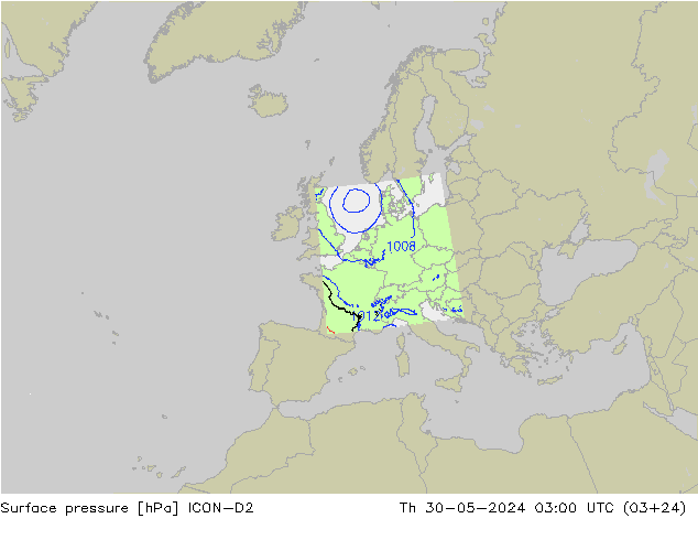 Atmosférický tlak ICON-D2 Čt 30.05.2024 03 UTC