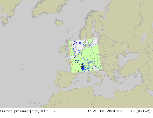 Surface pressure ICON-D2 Th 30.05.2024 21 UTC