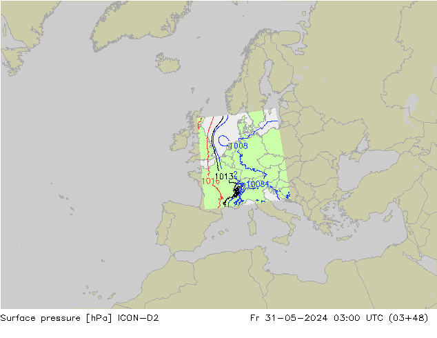 Pressione al suolo ICON-D2 ven 31.05.2024 03 UTC