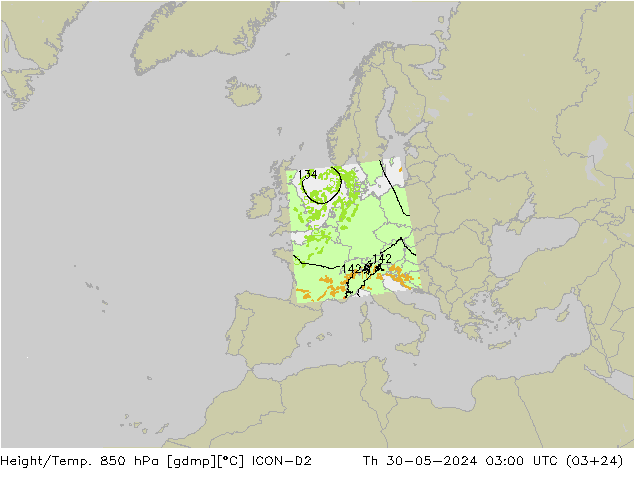 Height/Temp. 850 hPa ICON-D2 Čt 30.05.2024 03 UTC