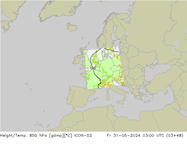 Hoogte/Temp. 850 hPa ICON-D2 vr 31.05.2024 03 UTC