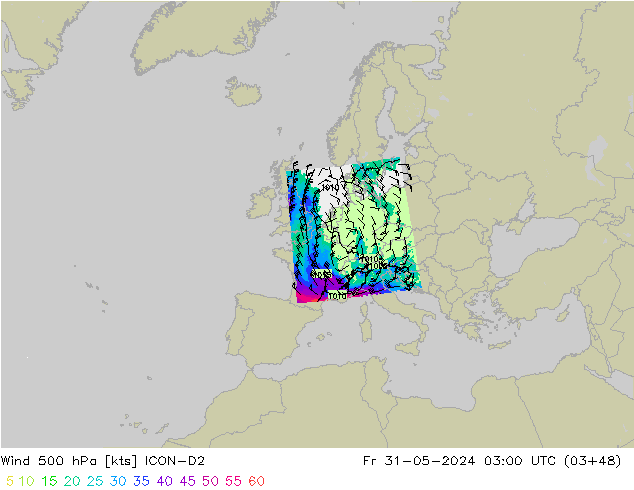 Rüzgar 500 hPa ICON-D2 Cu 31.05.2024 03 UTC