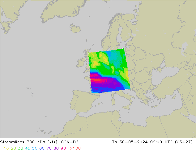 Linea di flusso 300 hPa ICON-D2 gio 30.05.2024 06 UTC