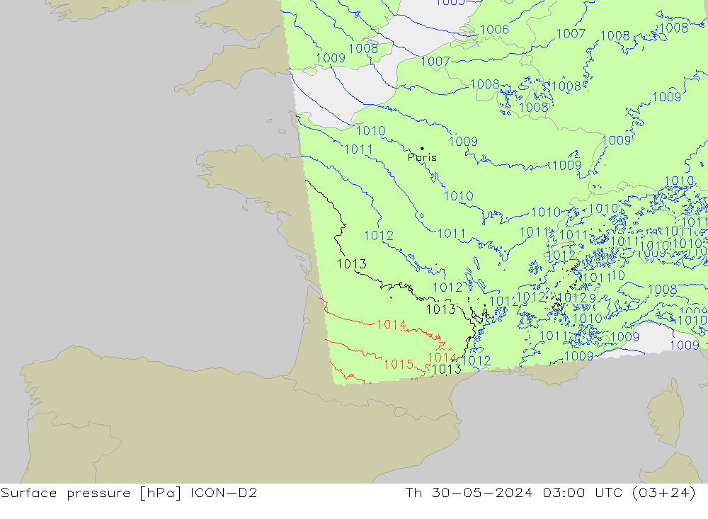 приземное давление ICON-D2 чт 30.05.2024 03 UTC