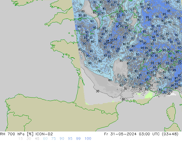 RH 700 hPa ICON-D2 Fr 31.05.2024 03 UTC