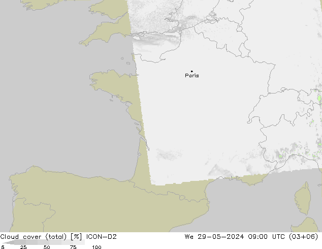 Wolken (gesamt) ICON-D2 Mi 29.05.2024 09 UTC