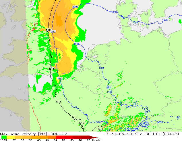 Max. wind velocity ICON-D2 czw. 30.05.2024 21 UTC