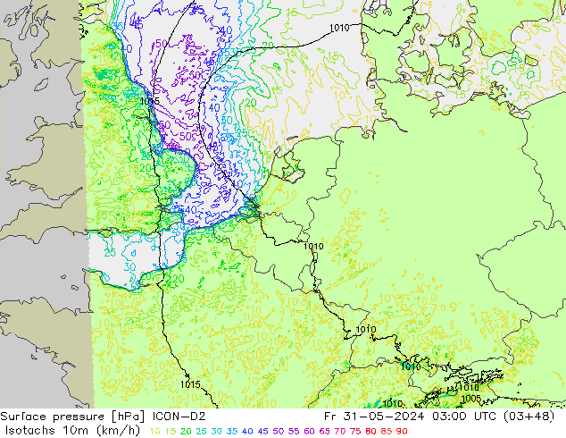 Isotachs (kph) ICON-D2  31.05.2024 03 UTC