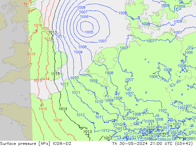 Surface pressure ICON-D2 Th 30.05.2024 21 UTC