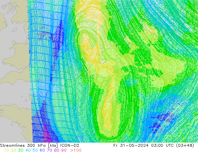 Streamlines 300 hPa ICON-D2 Pá 31.05.2024 03 UTC