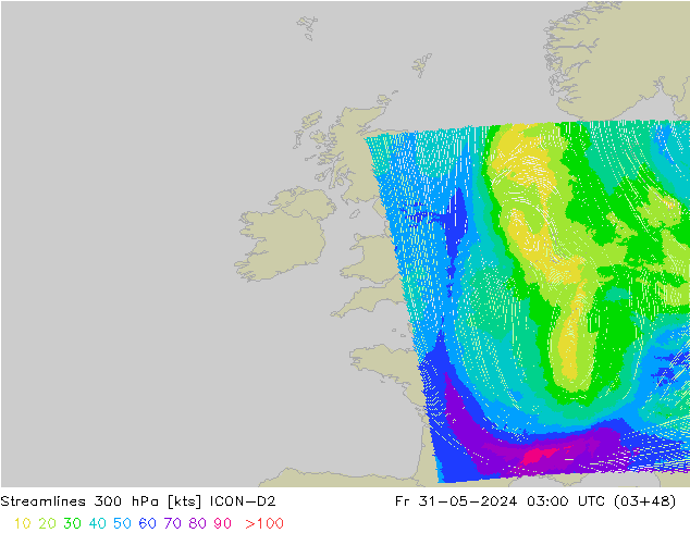 Línea de corriente 300 hPa ICON-D2 vie 31.05.2024 03 UTC