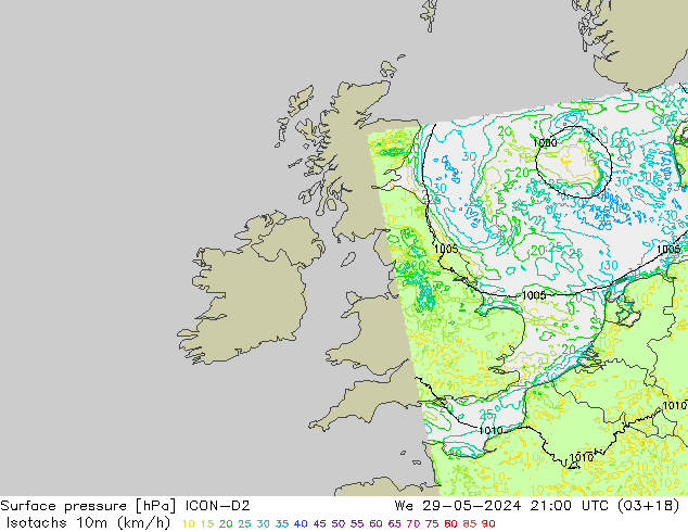 Eşrüzgar Hızları (km/sa) ICON-D2 Çar 29.05.2024 21 UTC