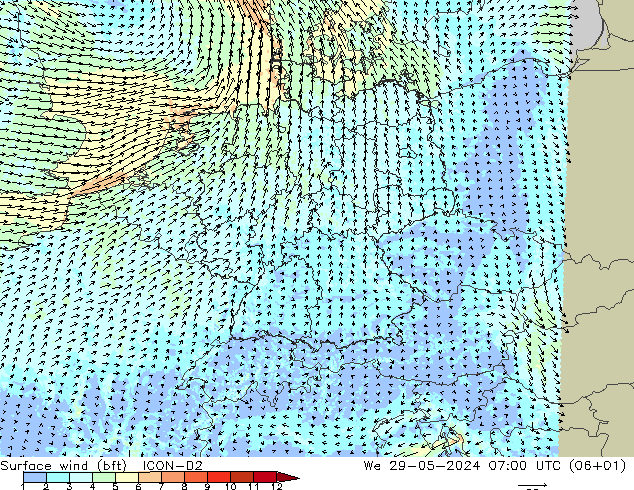 Vento 10 m (bft) ICON-D2 mer 29.05.2024 07 UTC