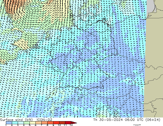 Vento 10 m (bft) ICON-D2 gio 30.05.2024 06 UTC