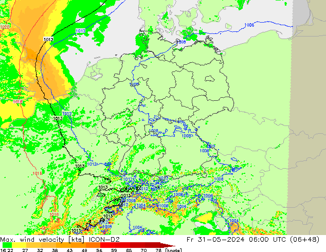 Max. wind velocity ICON-D2  31.05.2024 06 UTC