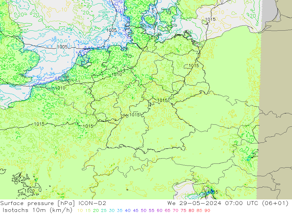 Isotachs (kph) ICON-D2  29.05.2024 07 UTC