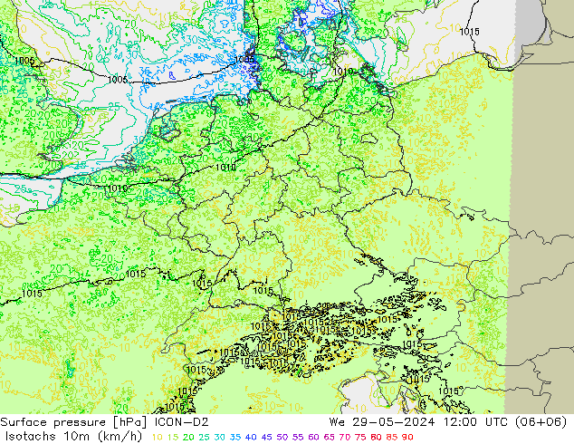 Isotachs (kph) ICON-D2 Qua 29.05.2024 12 UTC