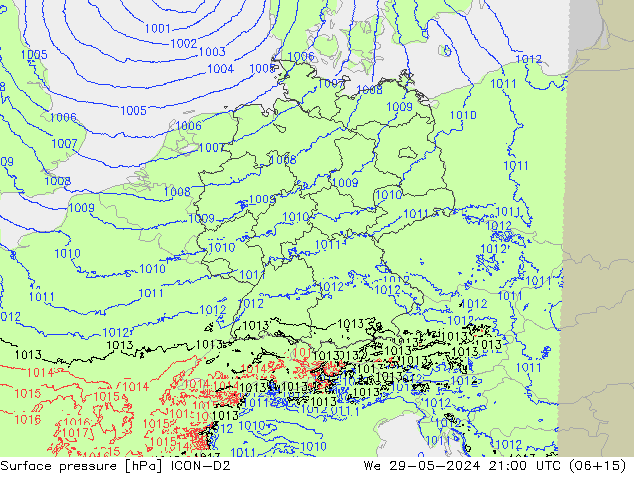 Presión superficial ICON-D2 mié 29.05.2024 21 UTC