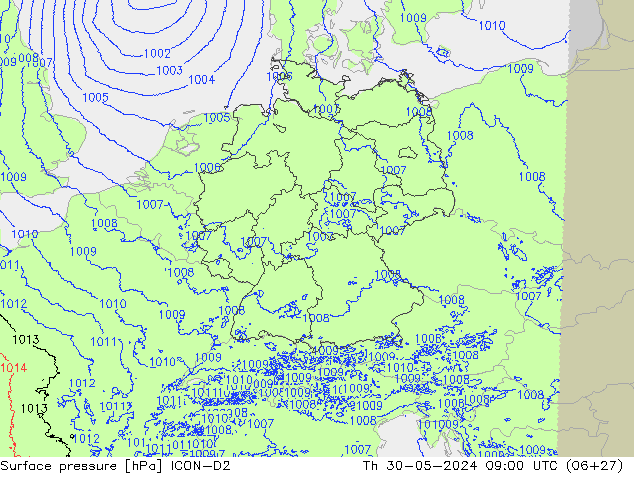 Pressione al suolo ICON-D2 gio 30.05.2024 09 UTC