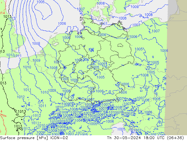 Atmosférický tlak ICON-D2 Čt 30.05.2024 18 UTC