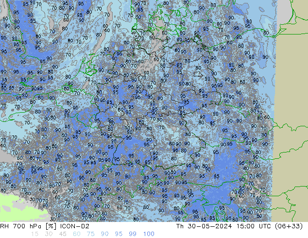 RH 700 hPa ICON-D2 czw. 30.05.2024 15 UTC