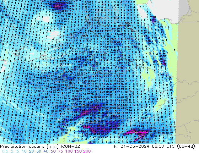 Precipitation accum. ICON-D2 Fr 31.05.2024 06 UTC