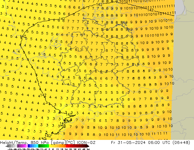 Height/Temp. 850 hPa ICON-D2 pt. 31.05.2024 06 UTC