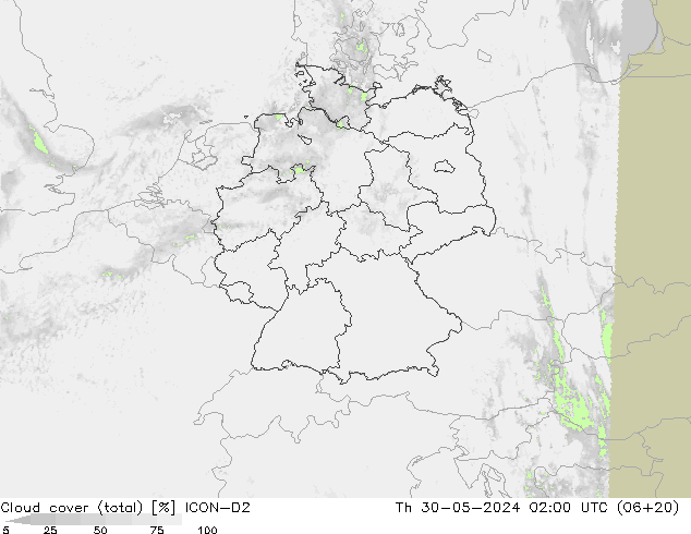 Cloud cover (total) ICON-D2 Čt 30.05.2024 02 UTC