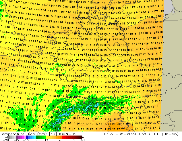 temperatura máx. (2m) ICON-D2 Sex 31.05.2024 06 UTC