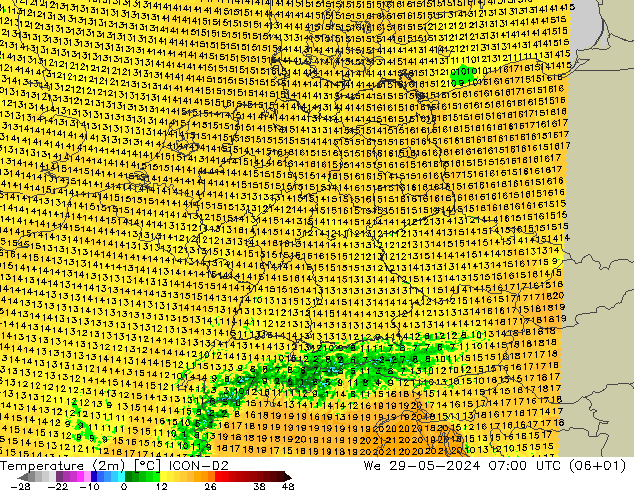 Temperatuurkaart (2m) ICON-D2 wo 29.05.2024 07 UTC