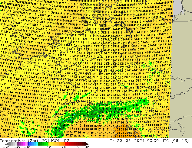 Temperatura (2m) ICON-D2 Qui 30.05.2024 00 UTC