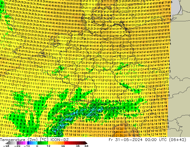 mapa temperatury (2m) ICON-D2 pt. 31.05.2024 00 UTC