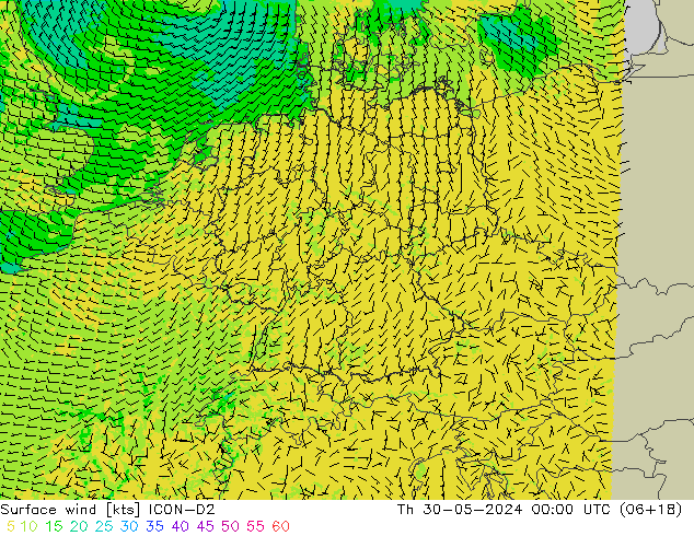 Viento 10 m ICON-D2 jue 30.05.2024 00 UTC