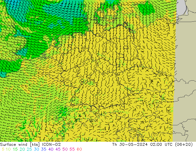 ветер 10 m ICON-D2 чт 30.05.2024 02 UTC